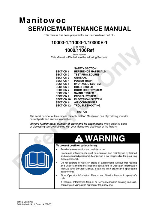 Manitowoc 10000-1 11000-1 10000E-1 Workshop Repair Service Manual PDF Download
