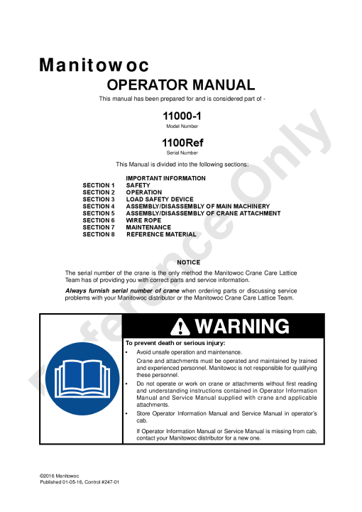 Manitowoc 11000-1 T4 Operators and Maintenance Manual PDF Download