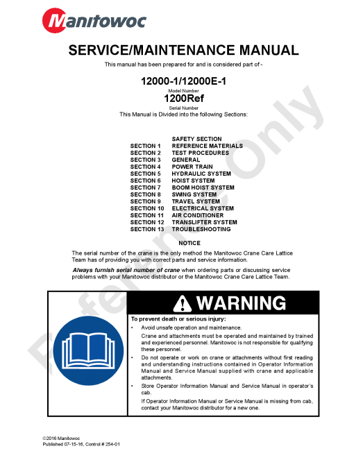 Manitowoc 12000-1 12000E-1 T4F Workshop Repair Service Manual PDF Download