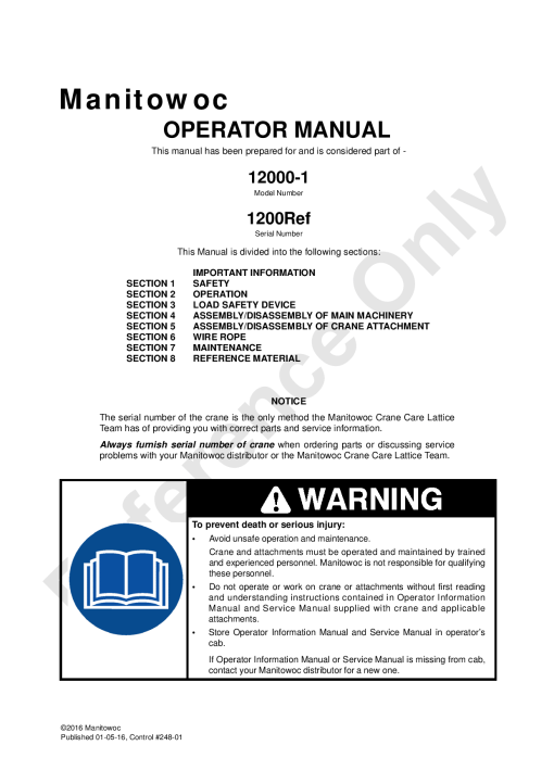 Manitowoc 12000-1 APAC Operators and Maintenance Manual PDF Download