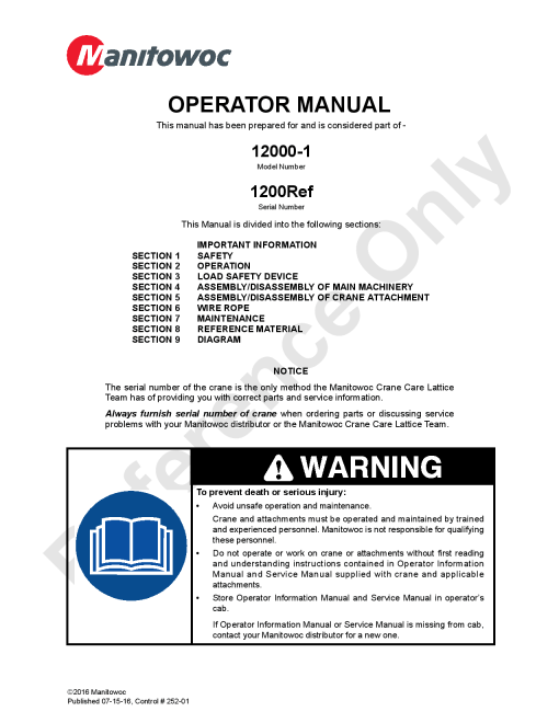Manitowoc 12000-1 T4F Operators and Maintenance Manual PDF Download