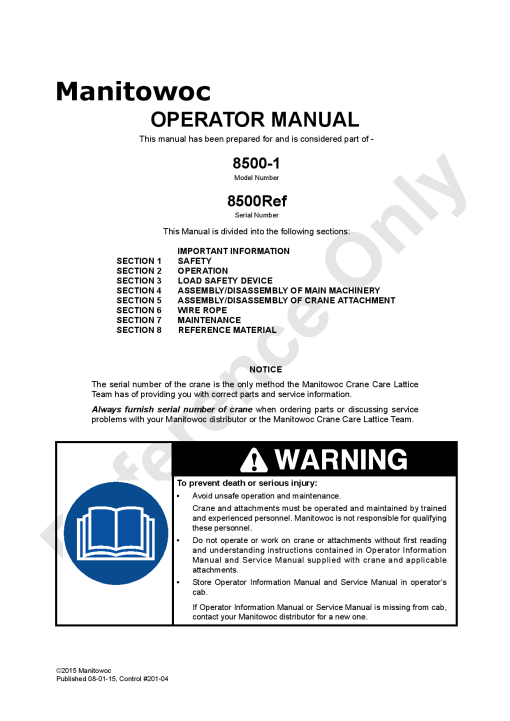 Manitowoc 8500-1 Operators and Maintenance Manual PDF Download