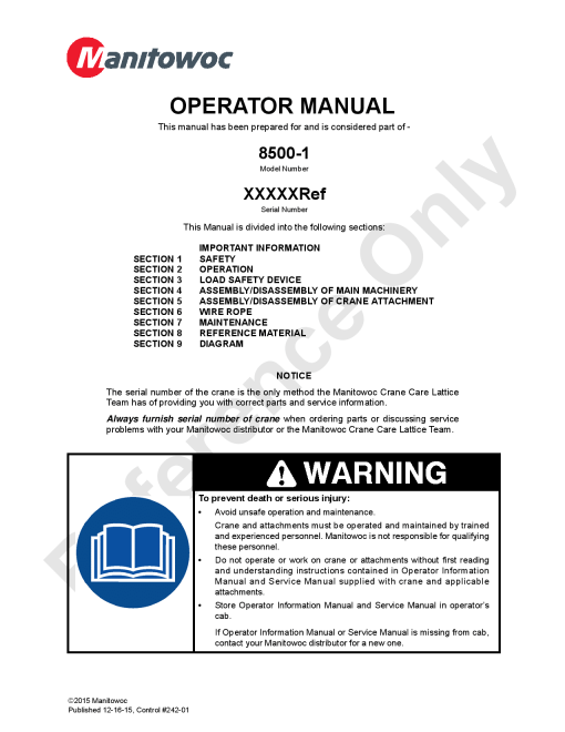 Manitowoc 8500-1 T4F Operators and Maintenance Manual PDF Download