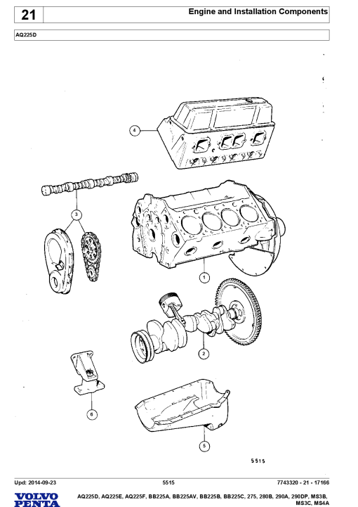 Volvo AQ225- D E F, BB225- A AV B C, 275, 280B, 290- A DP, MS3- B C, MS4A Engine Parts manual catalog PDF Download