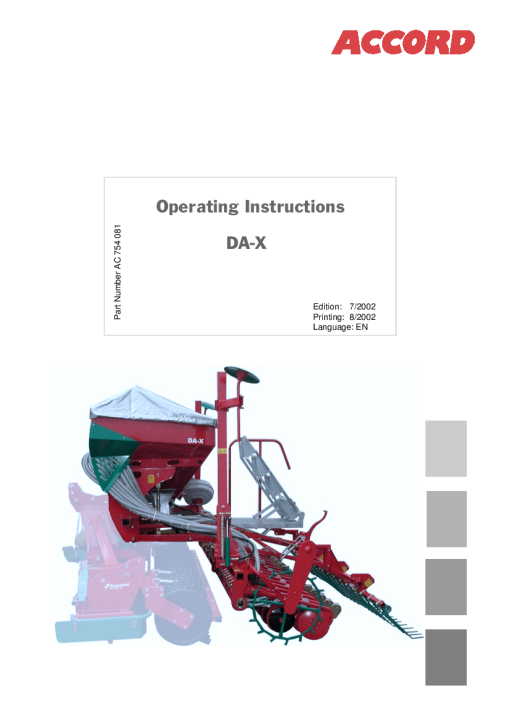 Accord -Kverneland Group DA-X Cultivator mounted Seed Drills 2002 Operation Maintenance Manual PDF download