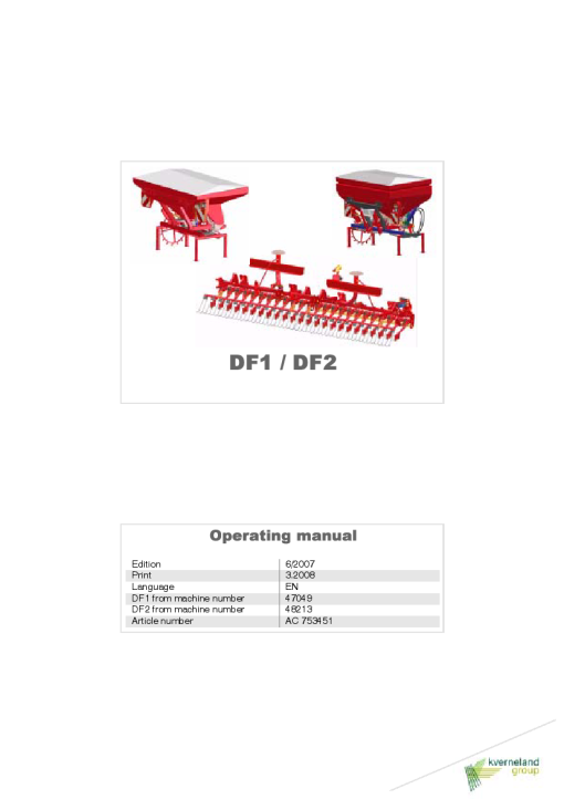 Accord -Kverneland Group DF1- DF2 Cultivator mounted Seed Drills 2007 Operation Maintenance Manual PDF download