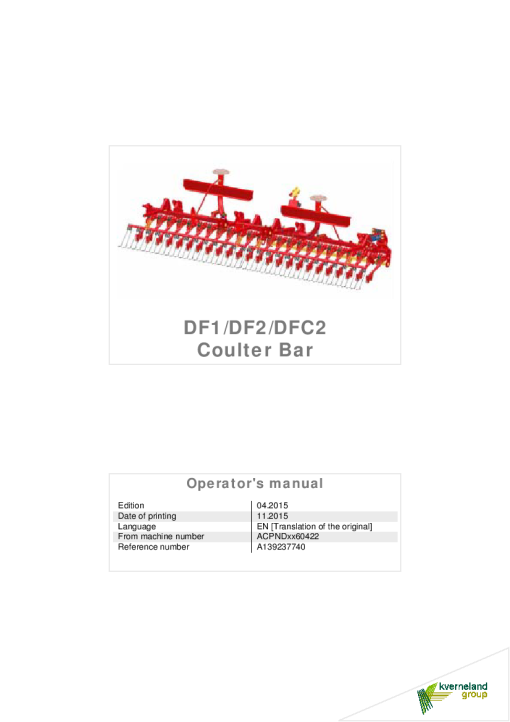 Accord -Kverneland Group DF1- DF2 - DFC2 Coulter Bar Cultivator mounted Seed Drills 2015 Operation Maintenance Manual PDF download