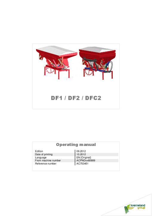 Accord -Kverneland Group DF1 DF2 DFC2 Cultivator mounted Seed Drills 2012 From ACPNDxx60889 Operation Maintenance Manual PDF download