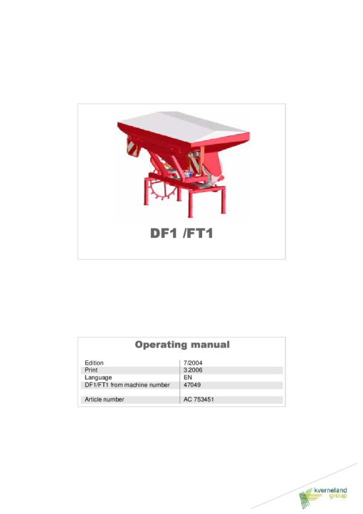 Accord -Kverneland Group DF1- FT1 Cultivator mounted Seed Drills 2004 Operation Maintenance Manual PDF download