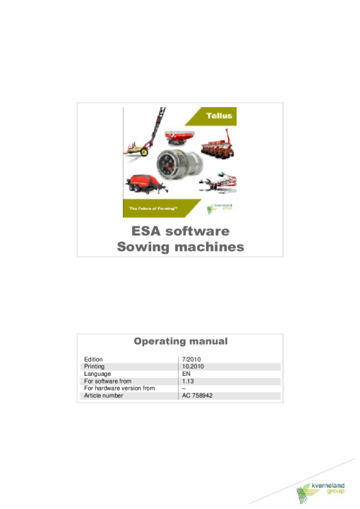 Accord -Kverneland Group ESA software Sowing machines 2010 Operation Maintenance Manual PDF download