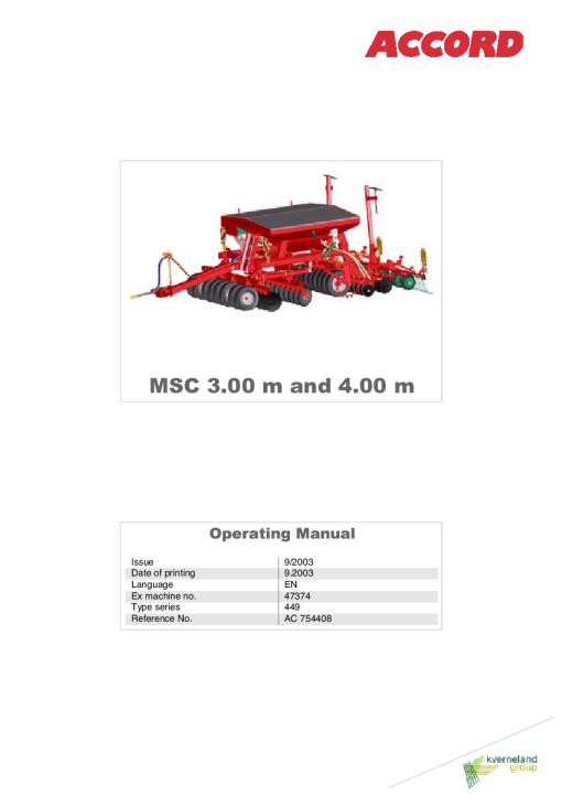 Accord -Kverneland Group MSC 3.00m and 4.00 m Seeding combination 2003 Operation Maintenance Manual PDF download
