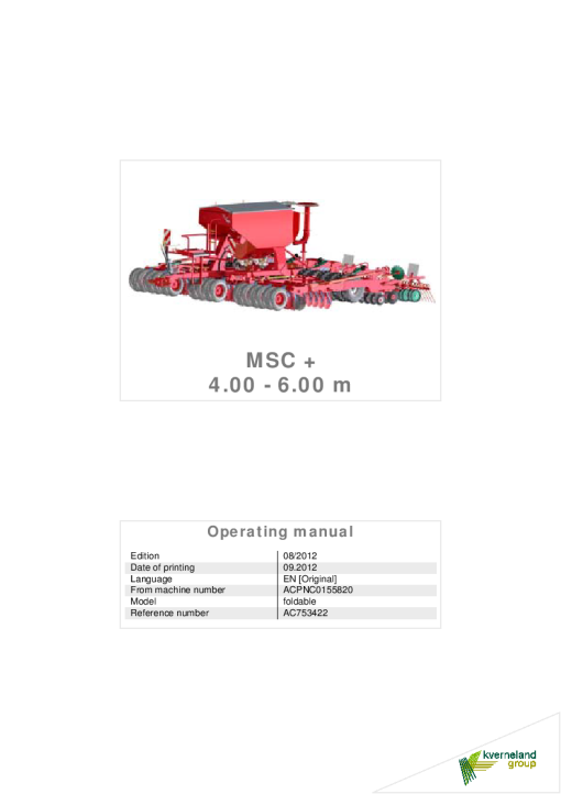 Accord -Kverneland Group MSC + 4.00-6.00m Seeding combination 2012 Operation Maintenance Manual PDF download