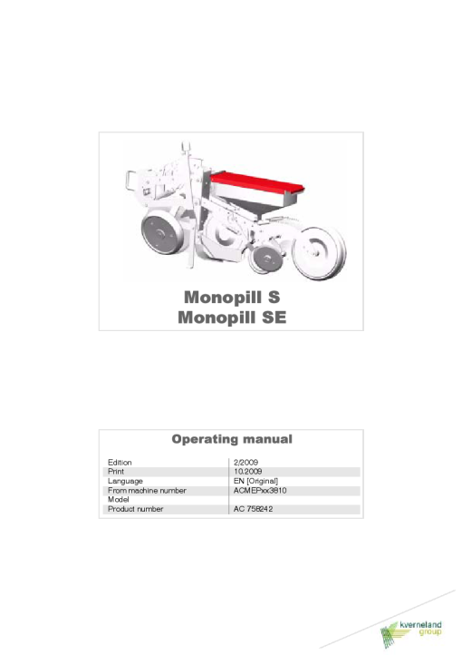 Accord -Kverneland Group Monnopill SMonnopill SE 2009 Operation Maintenance Manual PDF download