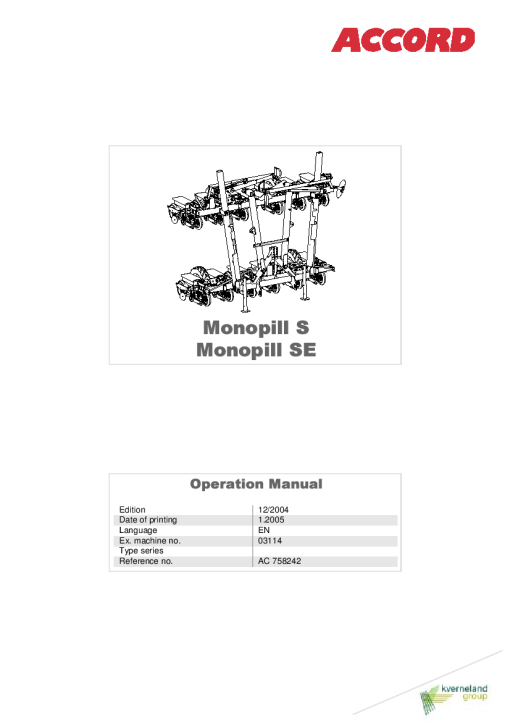 Accord -Kverneland Group Monopill S Monopill SE 2005 Operation Maintenance Manual PDF download