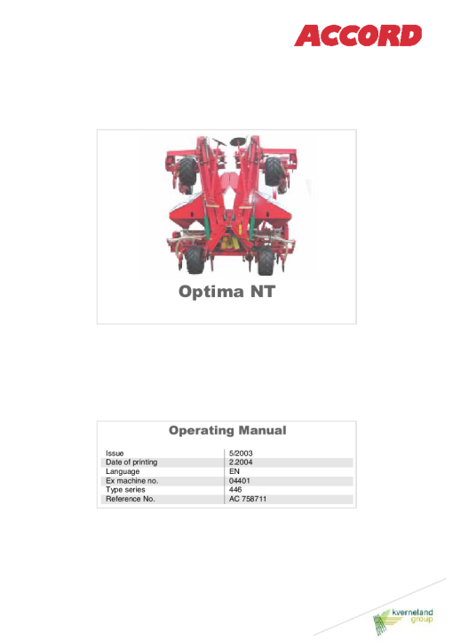 Accord -Kverneland Group OPtima NT 1999-2004 Operation Maintenance Manual PDF download