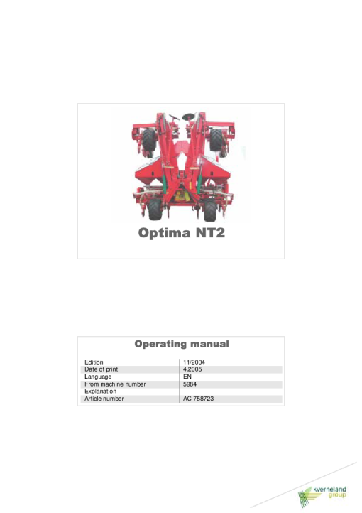 Accord -Kverneland Group Optima NT2 2005 EN Operation Maintenance Manual PDF download