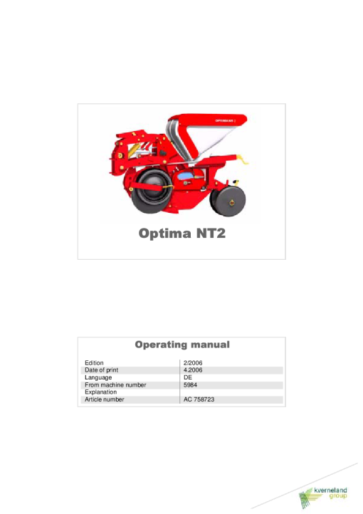 Accord -Kverneland Group Optima NT2 2006 Operation Maintenance Manual PDF download