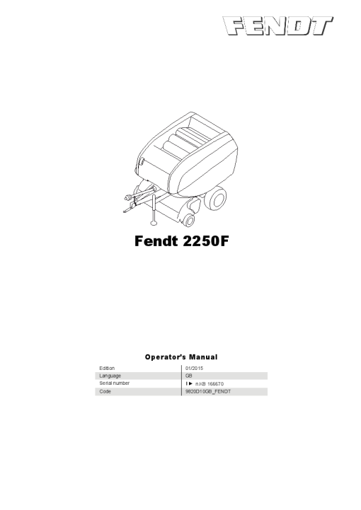 Fendt 2250F Round baler 2015 Operation Maintenance Manual PDF download