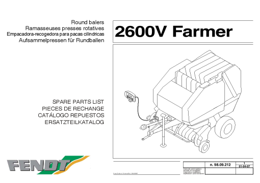 Fendt 2600V Farmer From up to Sn 156499 Round Balers Parts Manual Catalog Pdf Download