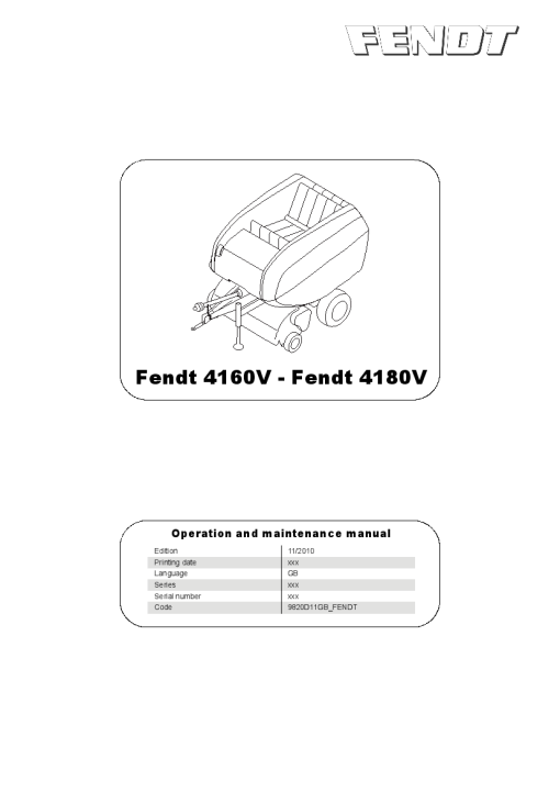 Fendt 4160V-4180V Round balers 2011 Operation Maintenance Manual PDF download