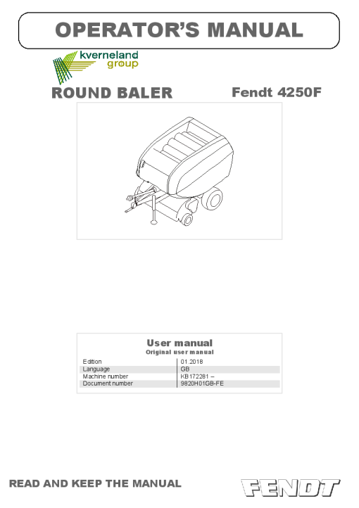 Fendt 4250F Round Baler 2018 Operation Maintenance Manual PDF download