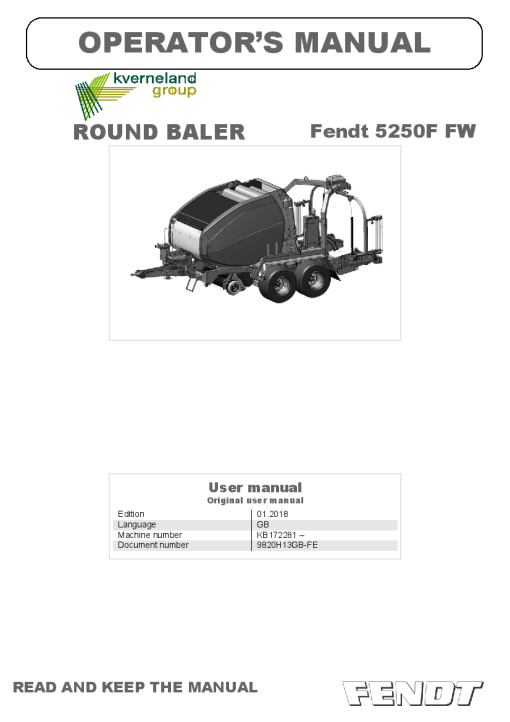 Fendt 5250F FW Baler-wrapper 2018 Operation Maintenance Manual PDF download