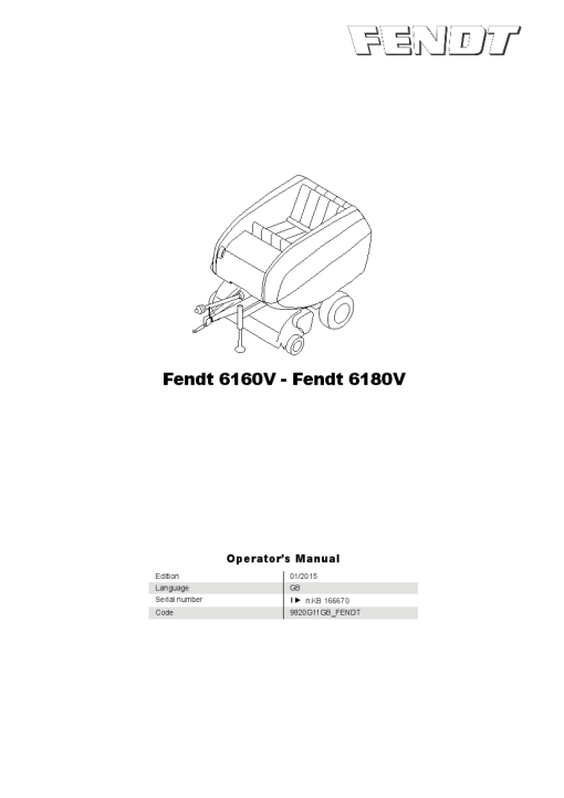 Fendt 6160V-6180V Round Baler 2015 Operation Maintenance Manual PDF download