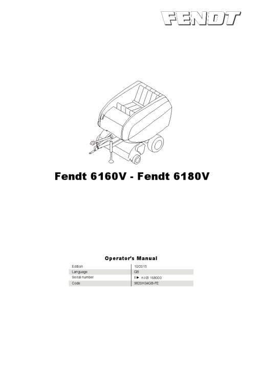 Fendt 6160V-6180V Round Baler 2016 Operation Maintenance Manual PDF download