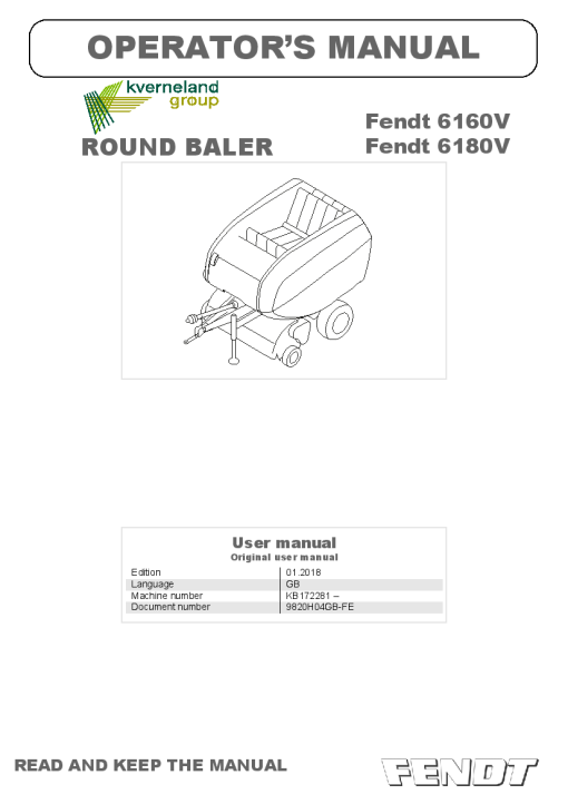 Fendt 6160V-6180V Round Baler 2018 Operation Maintenance Manual PDF download