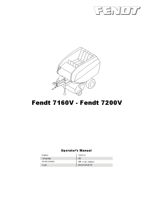Fendt 7160V-7200V Round Balers 2016 Operation Maintenance Manual PDF download