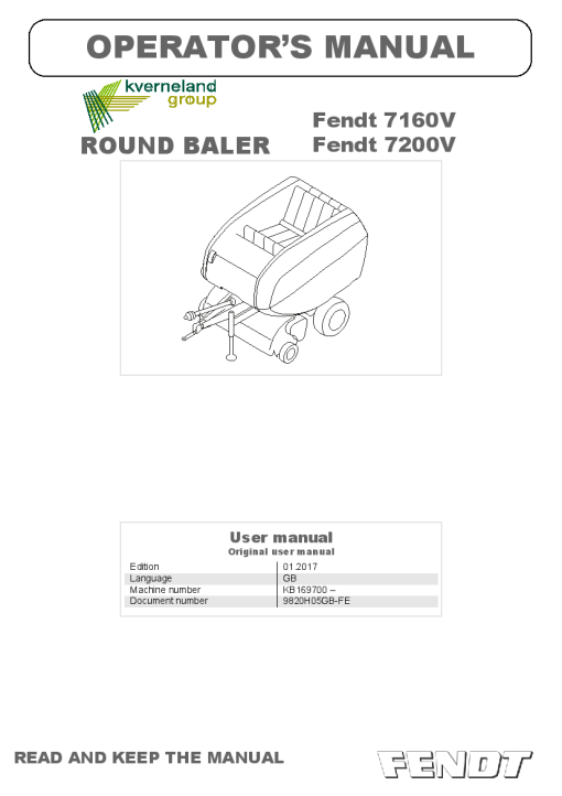 Fendt 7160V-7200V Round Balers 2017 Operation Maintenance Manual PDF download