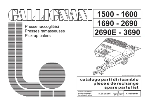 Gallignani 1500 1600 1690 2690 (E) 3690 Conventional Pickup Balers Parts Manual Catalog PDF Download
