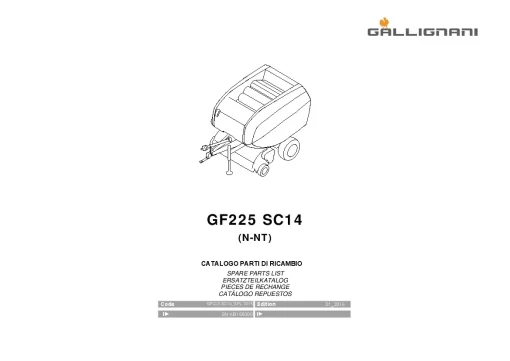 Gallignani GF 225 SC14 Round Baler 2016 Parts Manual Catalog PDF Download