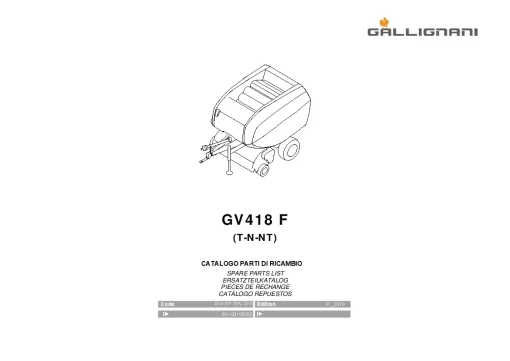 Gallignani GV418 F Round Baler 2016 Parts Manual Catalog PDF Download