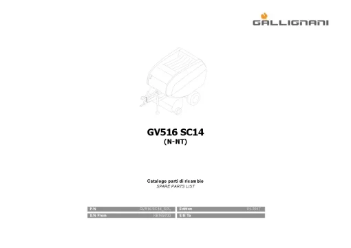 Gallignani GV516 SC14 Round Baler 2017 Parts Manual Catalog PDF Download