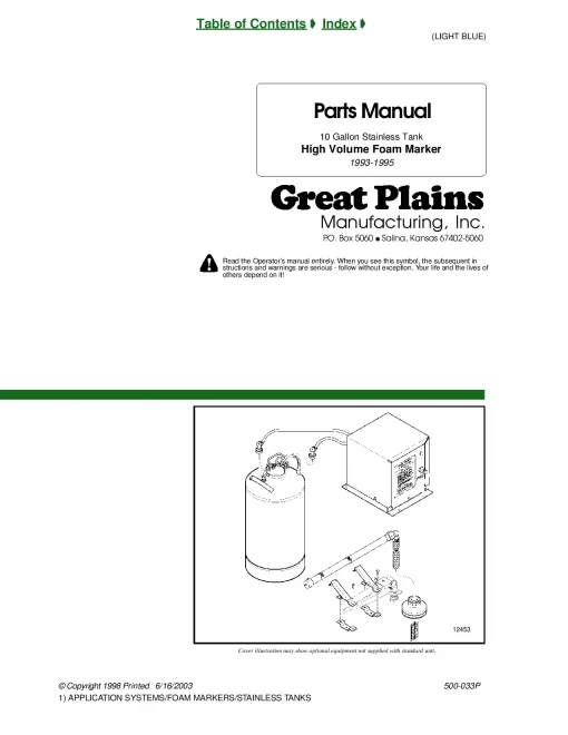 Great Plains 10 Gallon Stainless Tank Foam Marker 1993-1995 Parts Manual Catalog Pdf Download