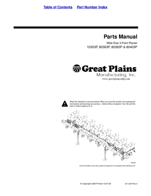 Great Plains 10303P 80363P 80383P 80403P 3-Point Wide Row Planter Parts Manual Catalog Pdf Download