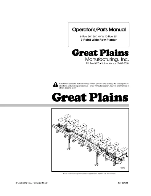 Great Plains 10303P 80363P 80383P 80403P 3-Point Wide Row Planters Operation Maintenance Manual PDF download