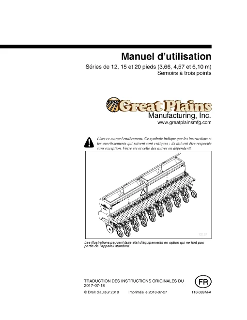 Great Plains 12 15 20 Foot Series 3-Point Drills 1994 French Canadian Operation Maintenance Manual PDF download