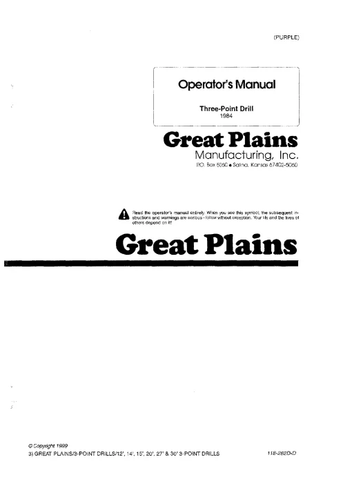 Great Plains 12- to 30-Foot Three-Point Drill 1984 Operation Maintenance Manual PDF download