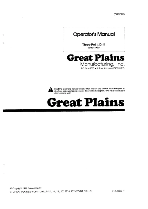 Great Plains 12- to 30-Foot Three-Point Drill 1985-1990 Operation Maintenance Manual PDF download