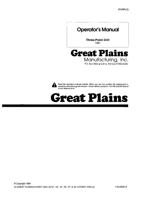 Great Plains 12- to 30-Foot Three-Point Drills 1981 Operation Maintenance Manual PDF download