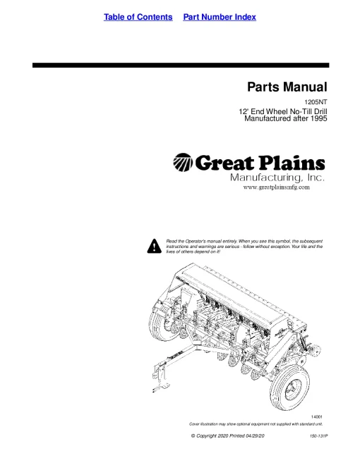 Great Plains 1205NT 12-Foot End Wheel No-Till Drill Parts Manual Catalog Pdf Download