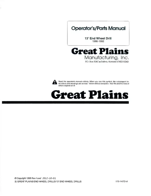 Great Plains 13-Foot End Wheel Drill 1986-1992 Operation Maintenance and Parts Manual PDF download