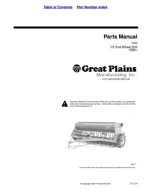 Great Plains 1300 13ft End Wheel Drill 1998+Parts Manual Catalog Pdf Download
