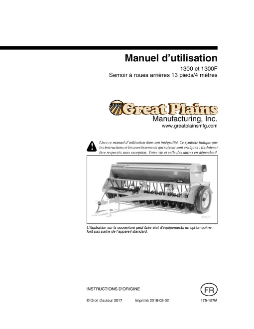 Great Plains 1300-F 13ft End Wheel Drill French Operation Maintenance Manual PDF download