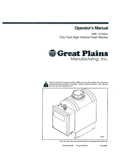 Great Plains 14 Gallon Poly Tank High Volume Foam Marker 1995 Operation Maintenance Manual PDF download