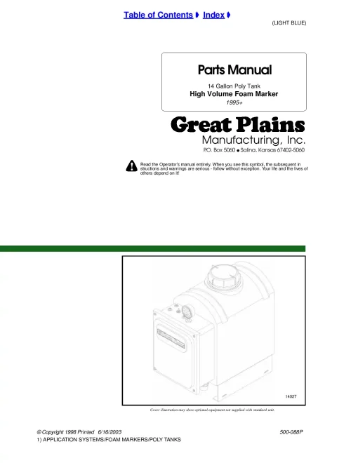 Great Plains 14 Gallon Poly Tank High Volume Foam Marker 1995+Parts Manual Catalog Pdf Download