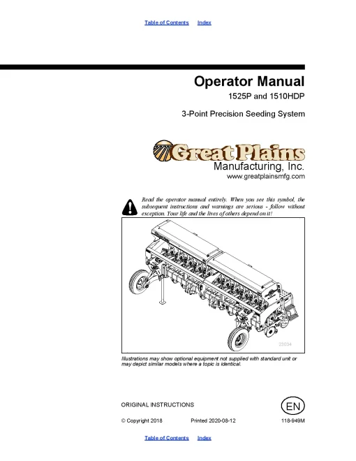 Great Plains 1510HDP 1525P 3-Point Precision Seeding System Operation Maintenance Manual PDF download