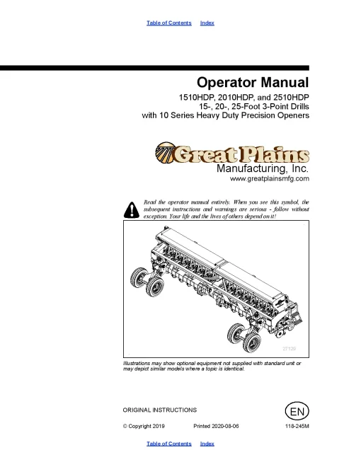 Great Plains 1510HDP 2010 HDP 2510HDP with 10 series 3-Point Precision Seeding System Operation Maintenance Manual PDF download
